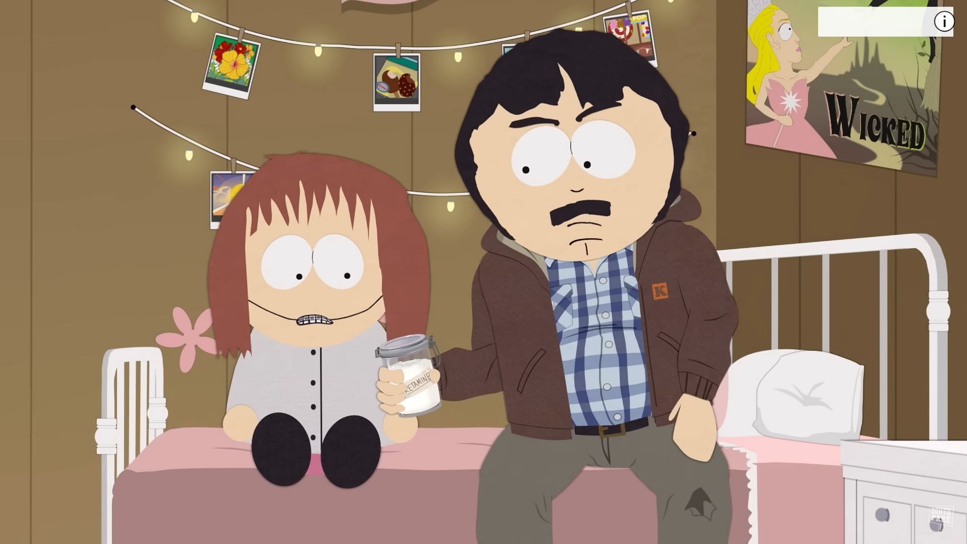A still from the South Park season 27 trailer shows Randy Marsh holding a jar labeled “ketamine” in a comedic setup. (Image via South Park Studios)